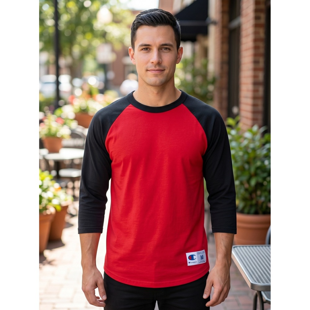 Champion Raglan Baseball Tee‎ Red Black 3/4 Sleeve Athletic Shirt Jock Tag M